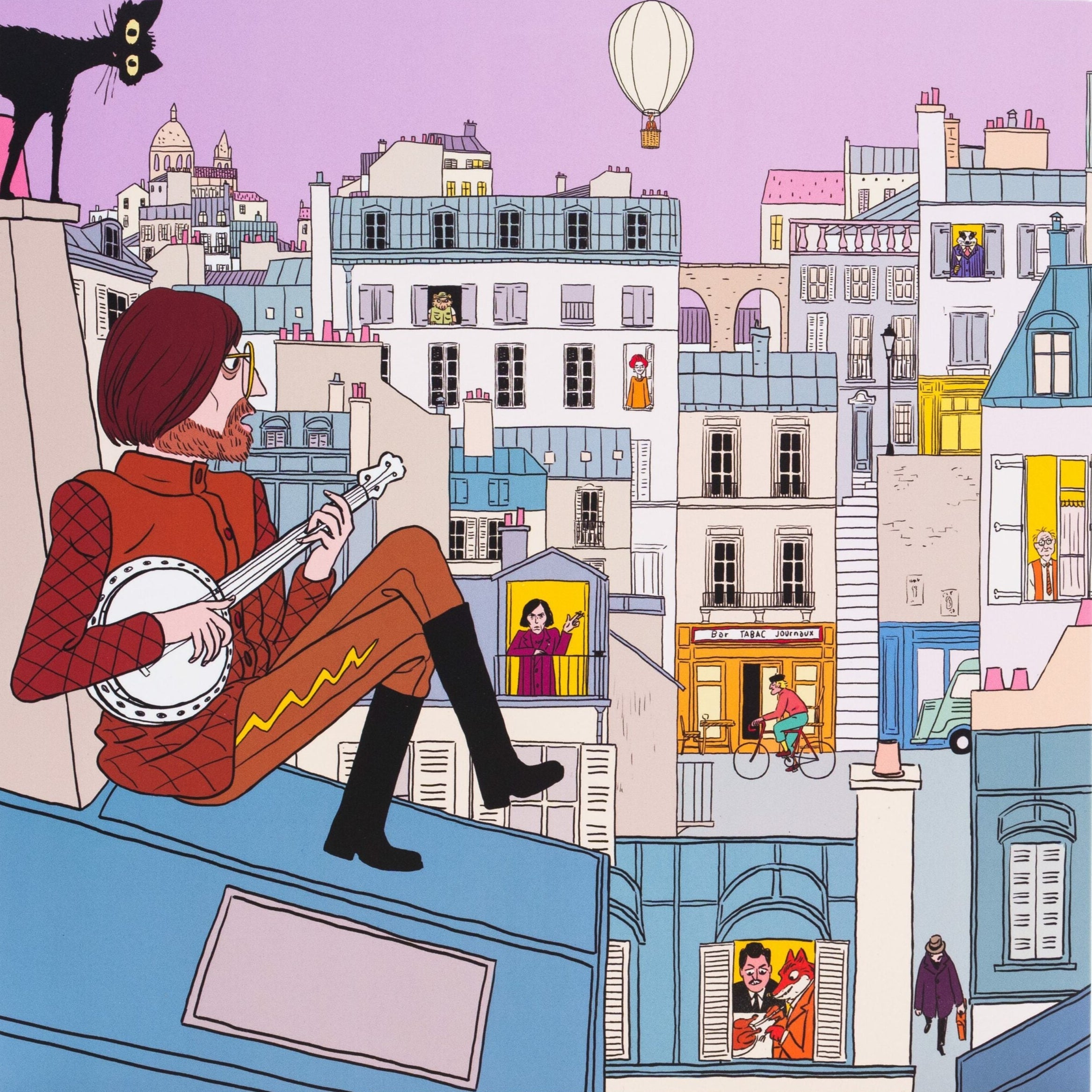 Illustration of a man playing a banjo on a rooftop with a cityscape in the background