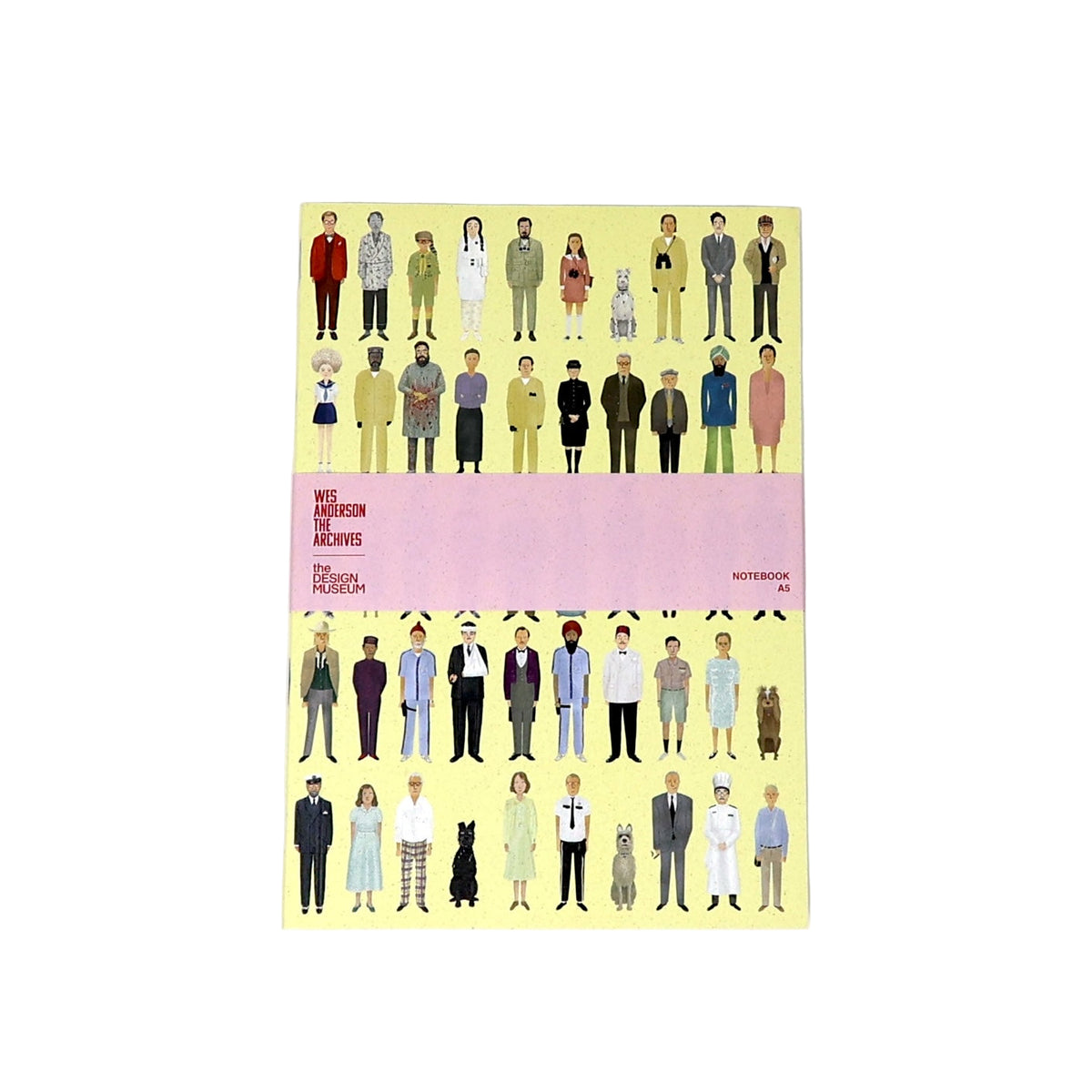 Notebook cover with illustrations of people and dogs in various outfits on a yellow background