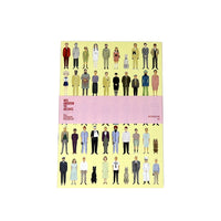 Notebook cover with illustrations of people and dogs in various outfits on a yellow background