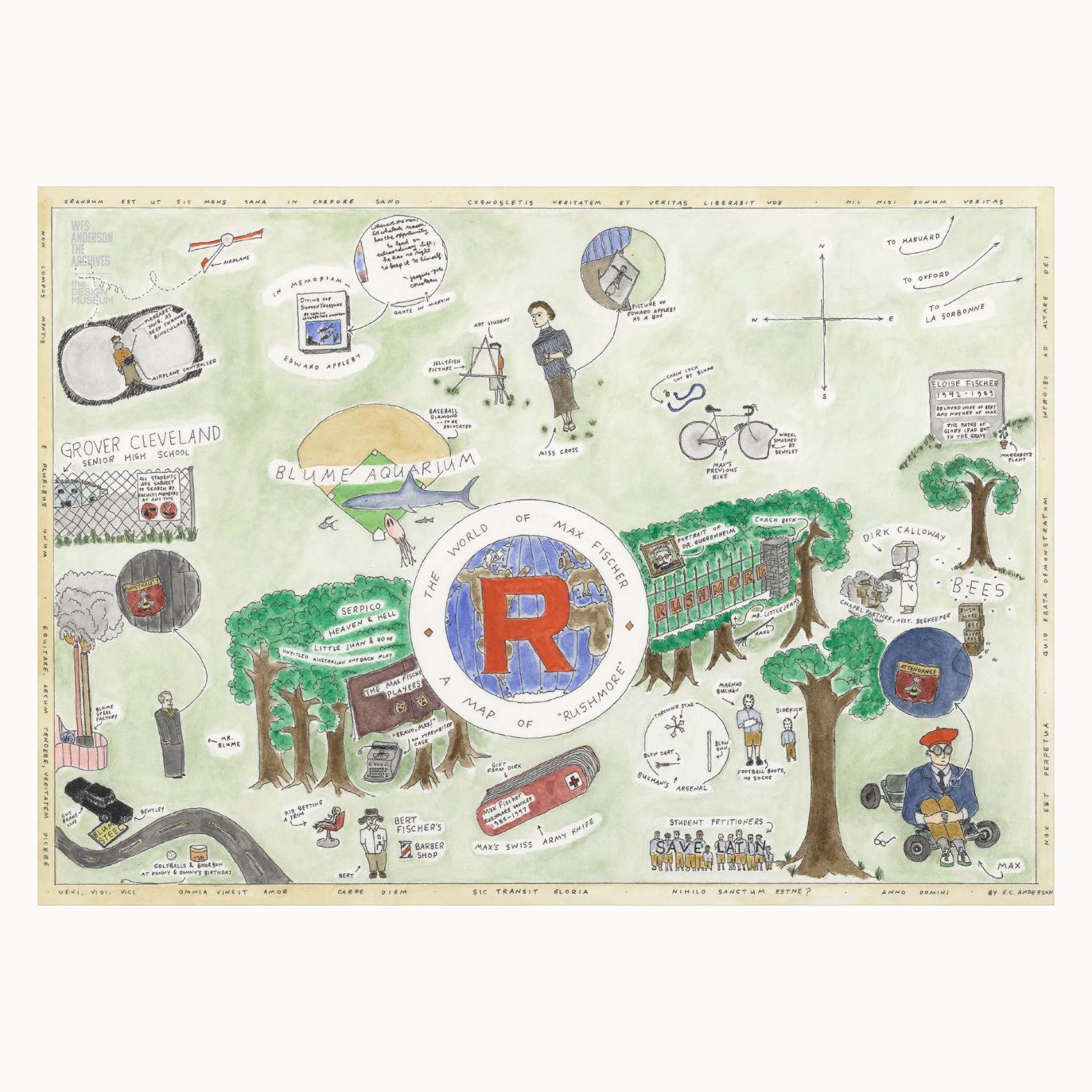 Illustrated map with various symbols and a large 'R' in the center on a white background