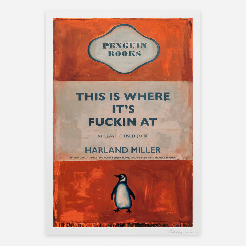 Orange Penguin Books poster by Harland Miller on a white background