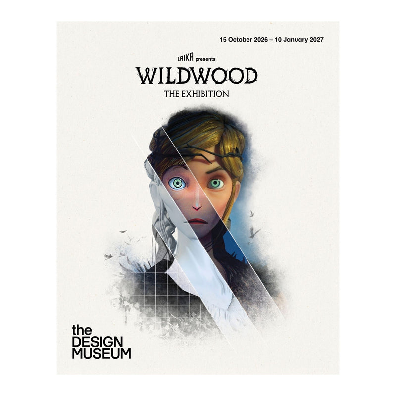 A poster-style artwork for 'WILDWOOD THE EXHIBITION' presented by L'IAKA and The Design Museum, with a split portrait of a woman in white and dark tones on an off-white background and exhibition dates at the top.