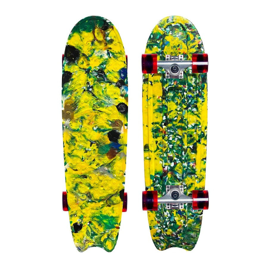 yellow skateboard with red wheels