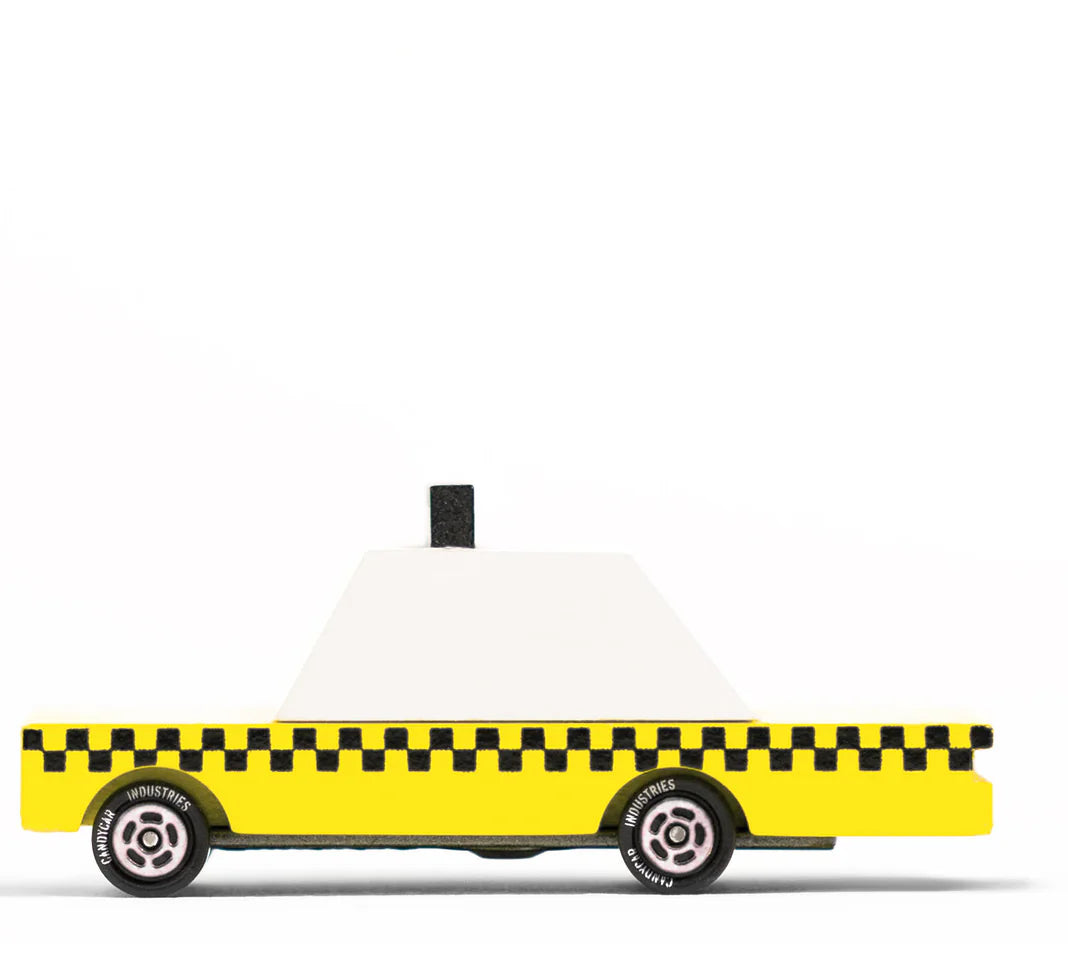 Illustration of a taxi cab with a white roof and yellow body on a white background