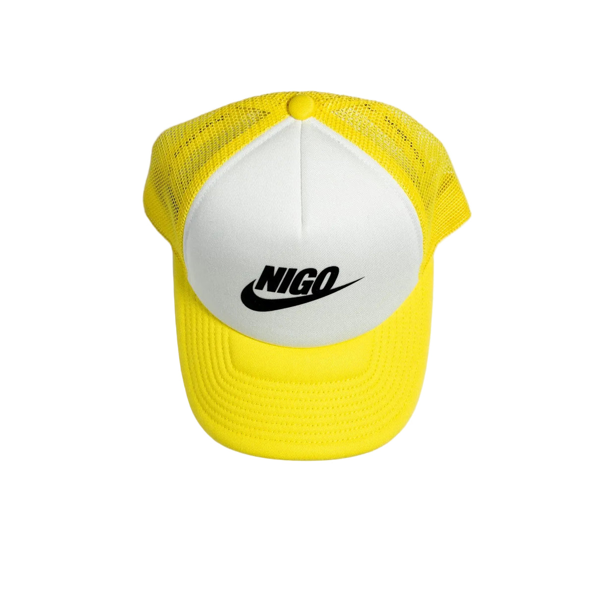 Yellow cap with white brim and black logo on a light gray background