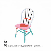 An illustration of a colourful chair, featuring Yinka Ilori x Restoration Station branding on a white background. 