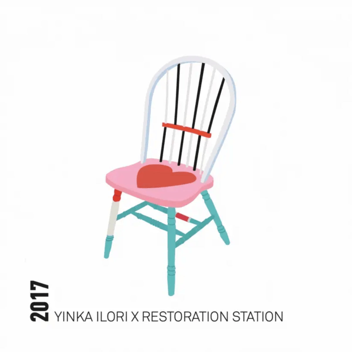 An illustration of a colourful chair, featuring Yinka Ilori x Restoration Station branding on a white background. 