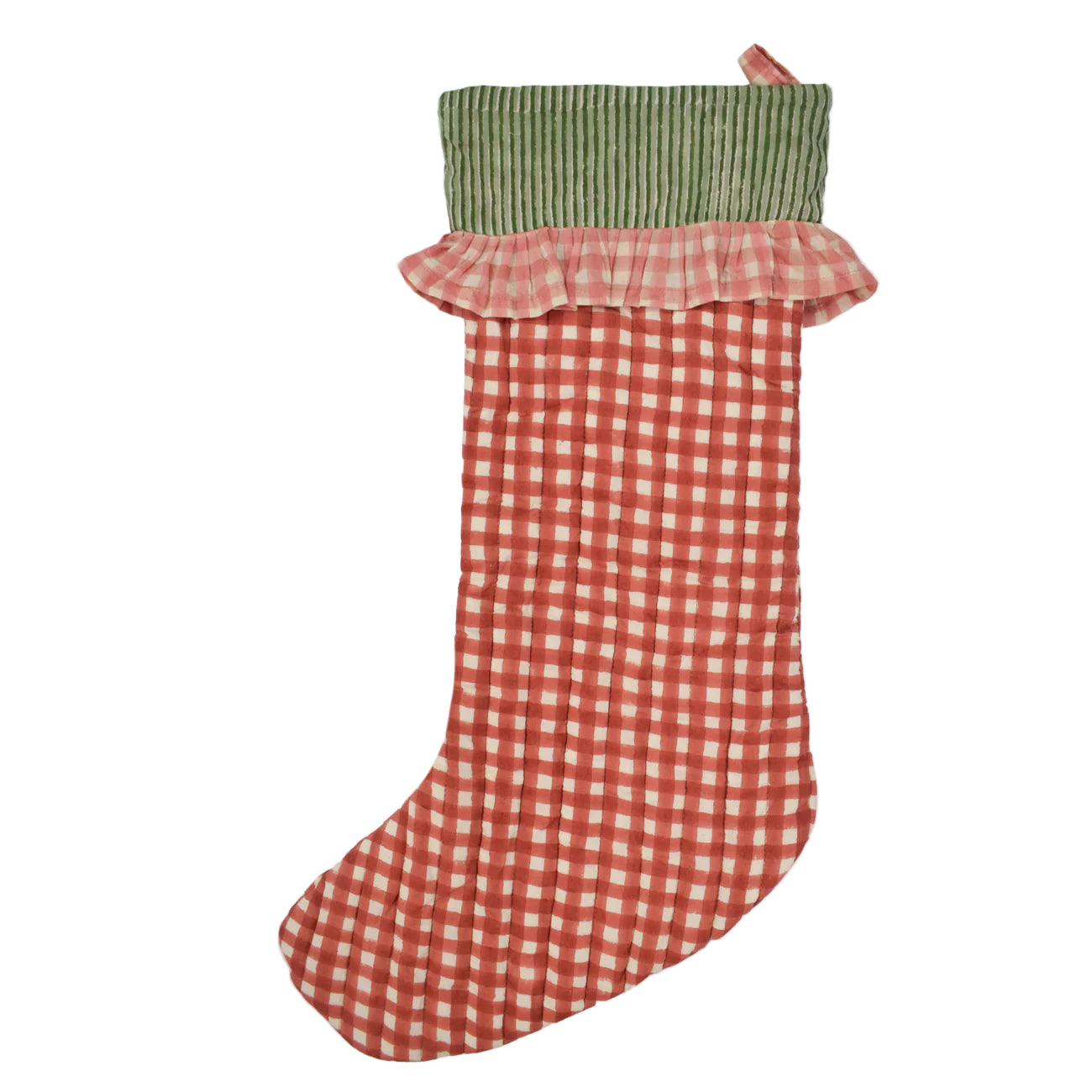 Red and white checkered Christmas stocking with green ribbed cuff on a white background