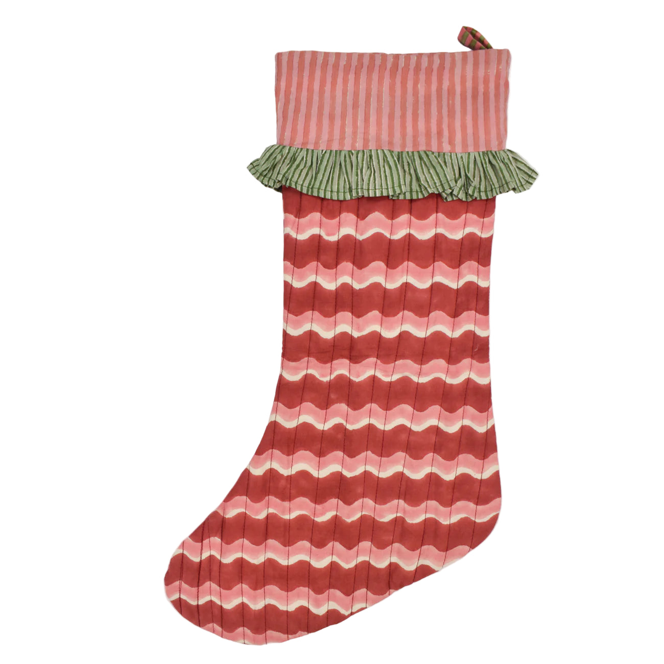 Striped red and white Christmas stocking with green trim on a white background