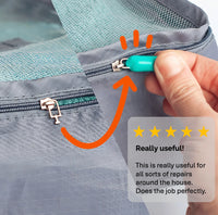 Hand holding a teal repair tool near a zipper on a gray bag with a five-star rating and review.