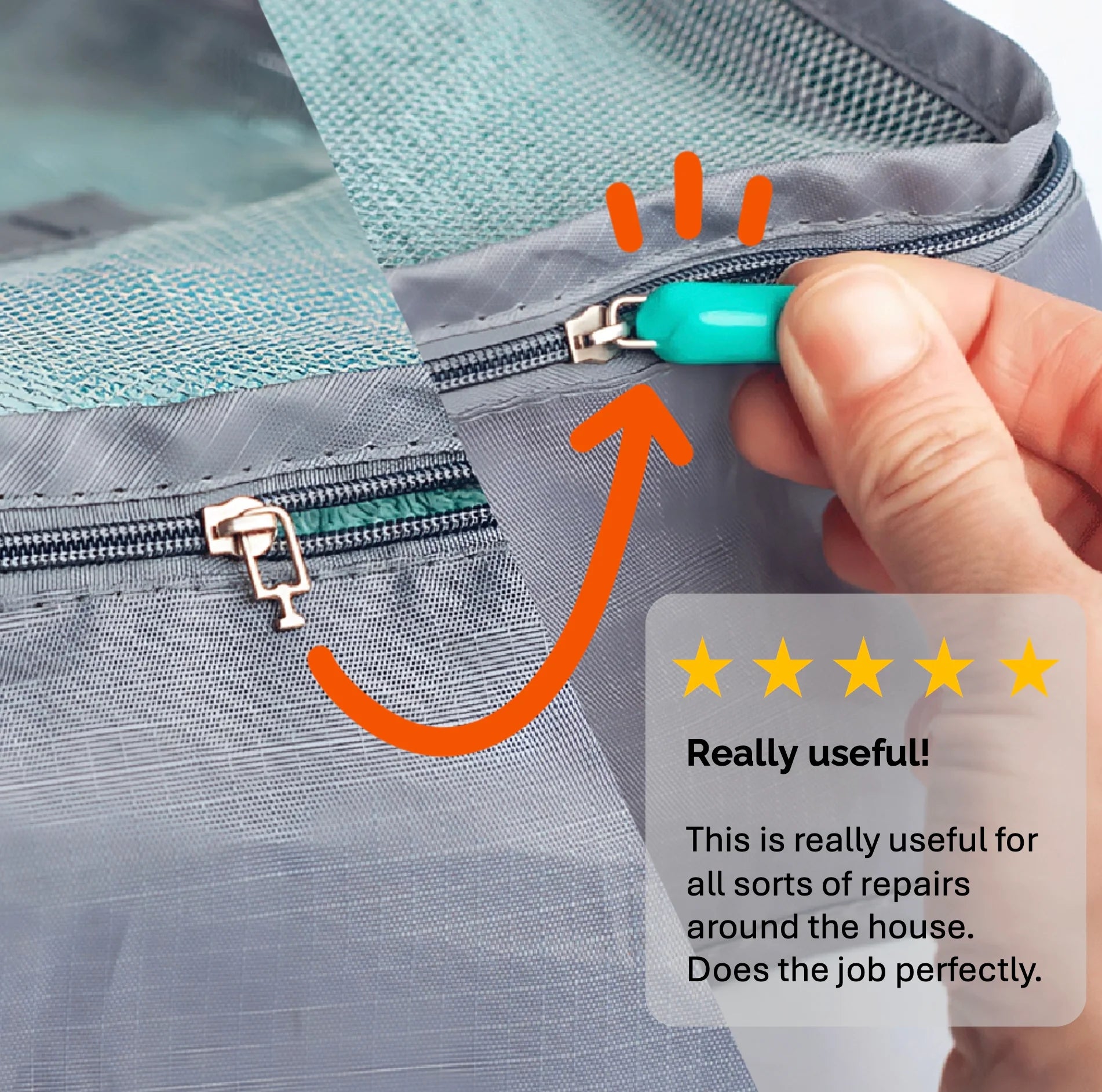 Hand holding a teal repair tool near a zipper on a gray bag with a five-star rating and review.