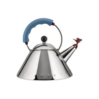 A stainless steel kettle with a blue handle and bird-shaped spout on a white background. 