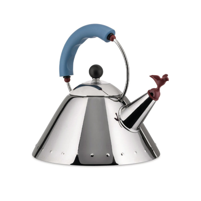 A polished stainless steel kettle with a blue silicone handle grip, and a reddish-brown bird-shaped spout detail, on a white background.