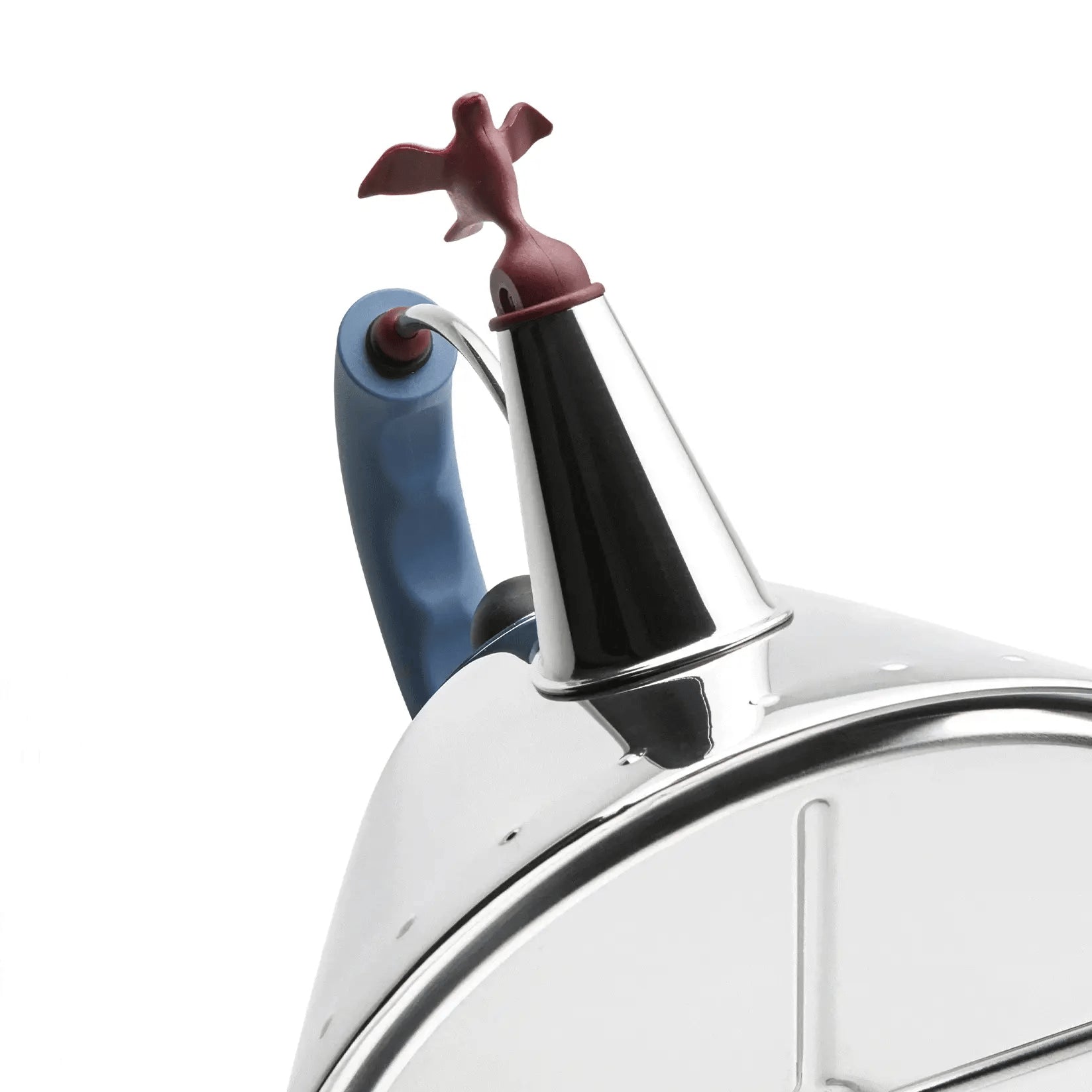 Close up of a stainless steel kettle with a brown bird-shaped spout and blue handle on a white background. 