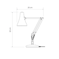 Black and white line drawing schematic of an adjustable desk lamp with dimension markings 