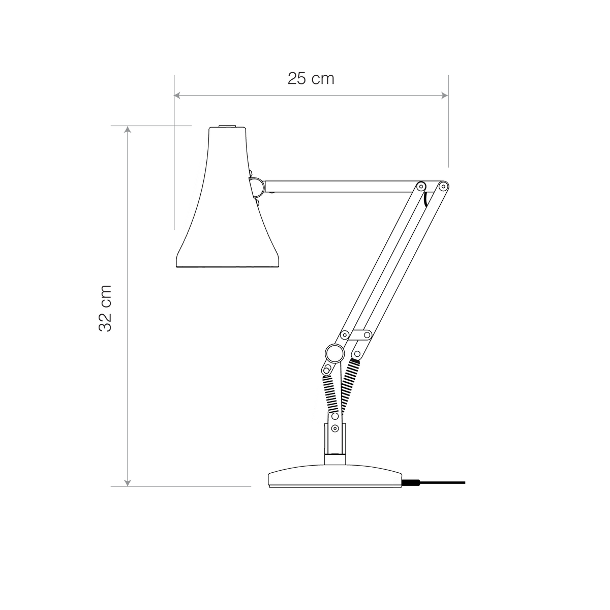Black and white line drawing schematic of an adjustable desk lamp with dimension markings 