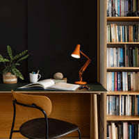 A cozy home office scene featuring a wooden desk with an open book, a white mug, a potted plant, and an orange adjustable desk lamp against a dark wall. 