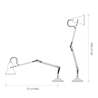 Black and white line drawing of an adjustable desk lamp with dimension labels 