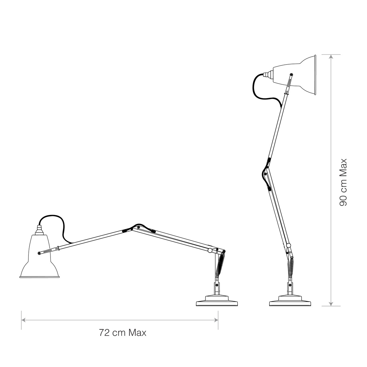 Black and white line drawing of an adjustable desk lamp with dimension labels 