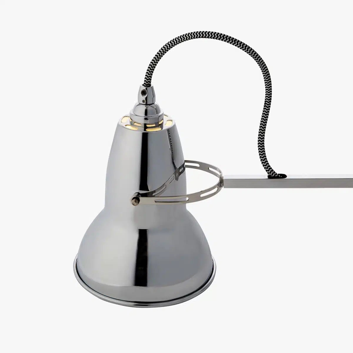 A polished chrome industrial-style desk lamp with a conical shade, adjustable metal arm, and a black coiled flexible neck cord, shown against a plain white background.