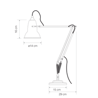 Technical drawing of a table lamp with dimensions on a white background