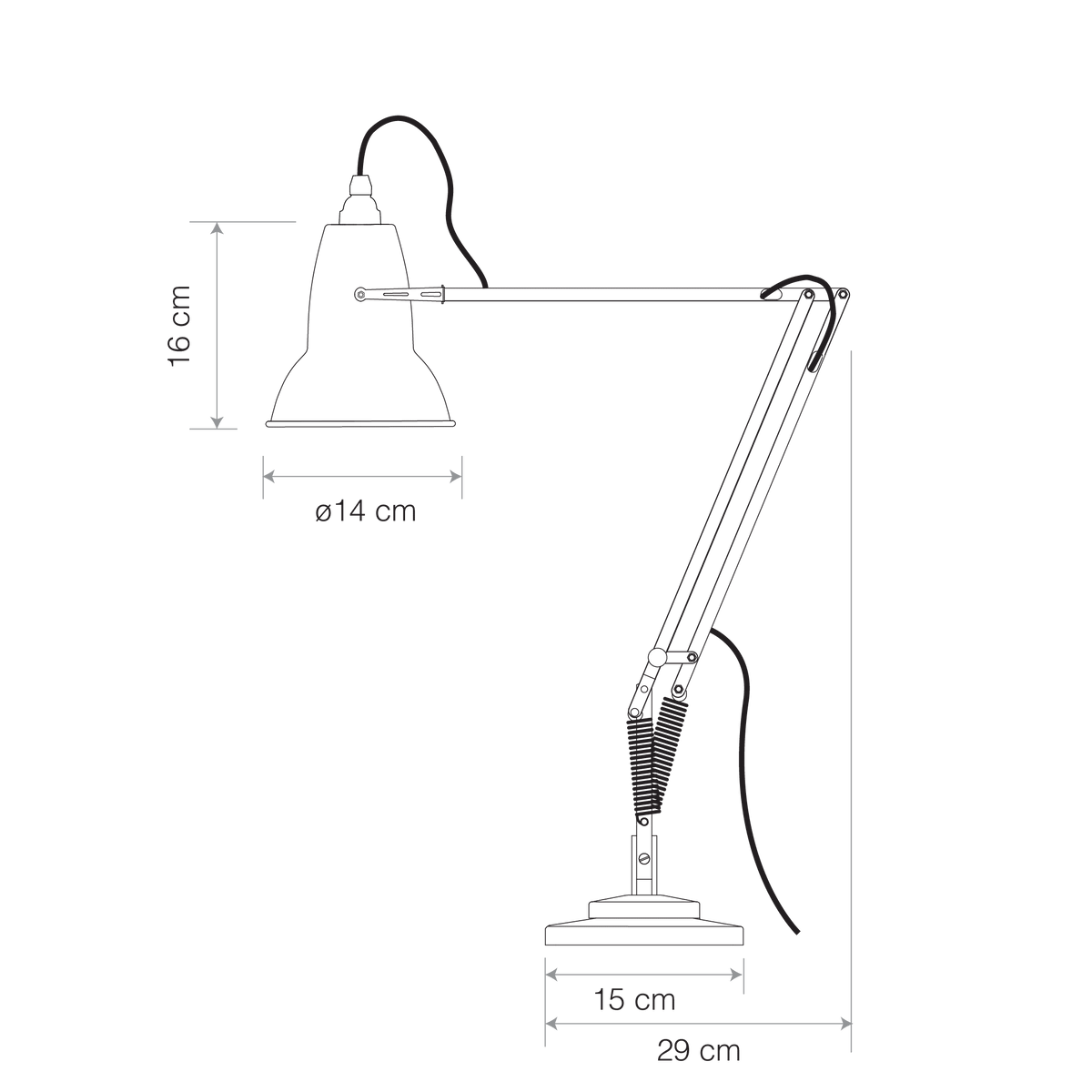 Technical drawing of a table lamp with dimensions on a white background