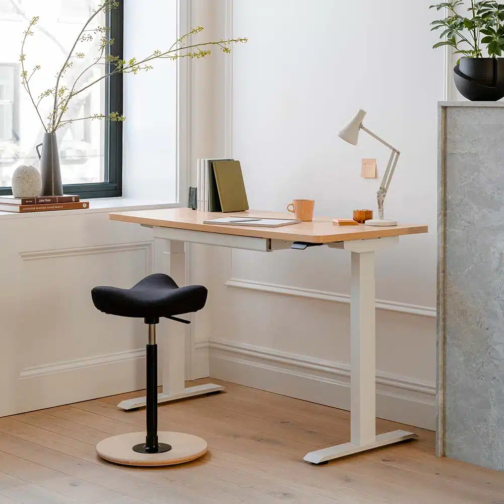 Modern home office with adjustable desk, chair, and decor elements.