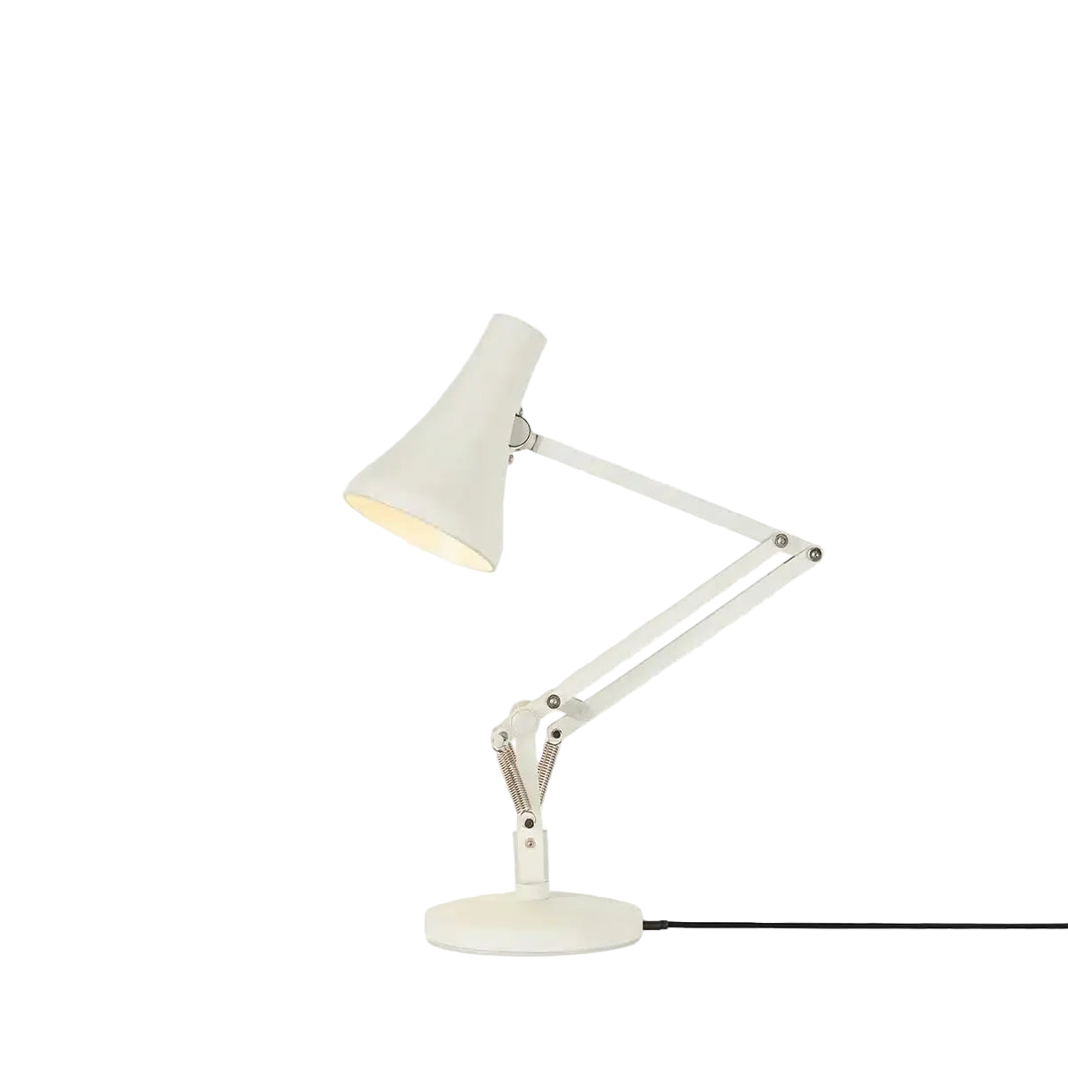 White desk lamp with adjustable arm on a white background