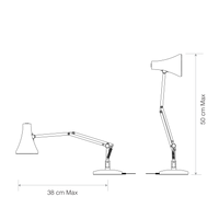 Black and white line drawing showing dimensions of a desk lamp