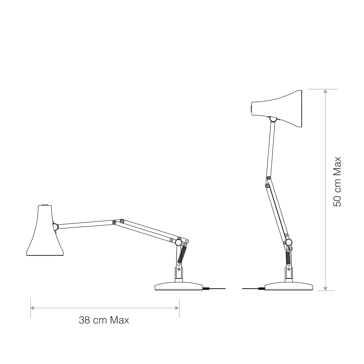 Black and white line drawing showing dimensions of a desk lamp