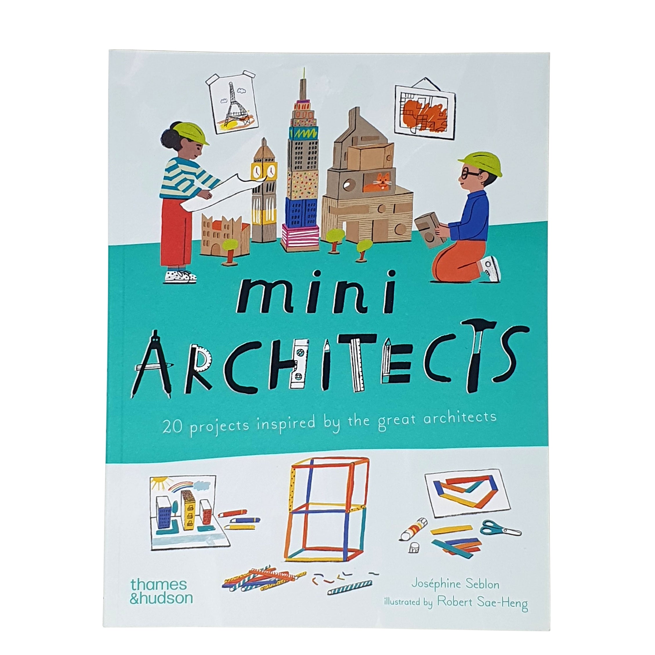 Book cover of 'mini Architects' with illustrations of children building with blocks and architectural models.