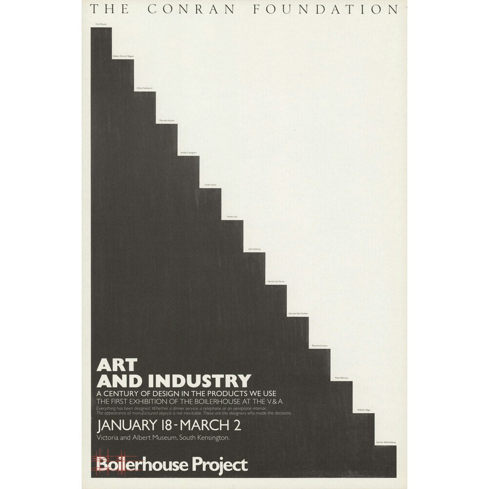 An exhibition poster for 'Art and Industry' featuring a black and white minimalist stair design.