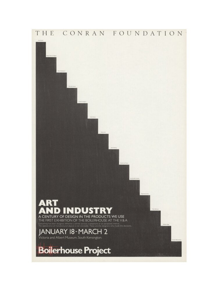 An exhibition poster for 'Art and Industry' featuring a black and white minimalist stair design.