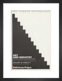 An exhibition poster for 'Art and Industry' featuring a black and white minimalist stair design in a black frame with mount.