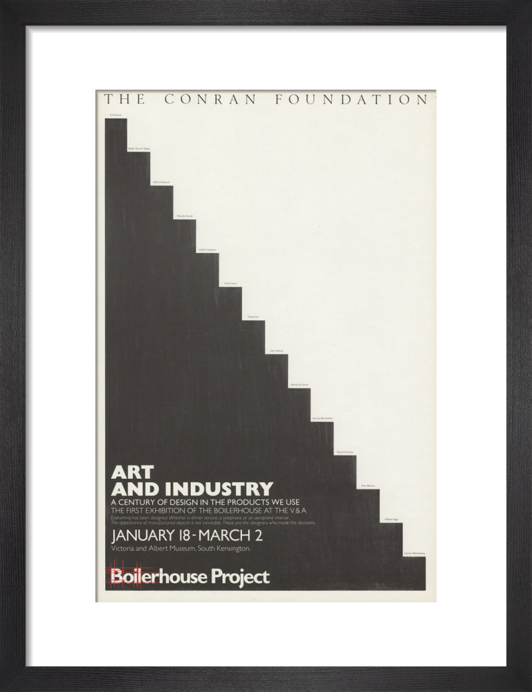 An exhibition poster for 'Art and Industry' featuring a black and white minimalist stair design in a black frame with mount.