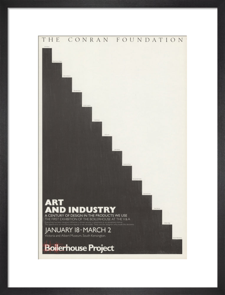 An exhibition poster for 'Art and Industry' featuring a black and white minimalist stair design in a black frame.