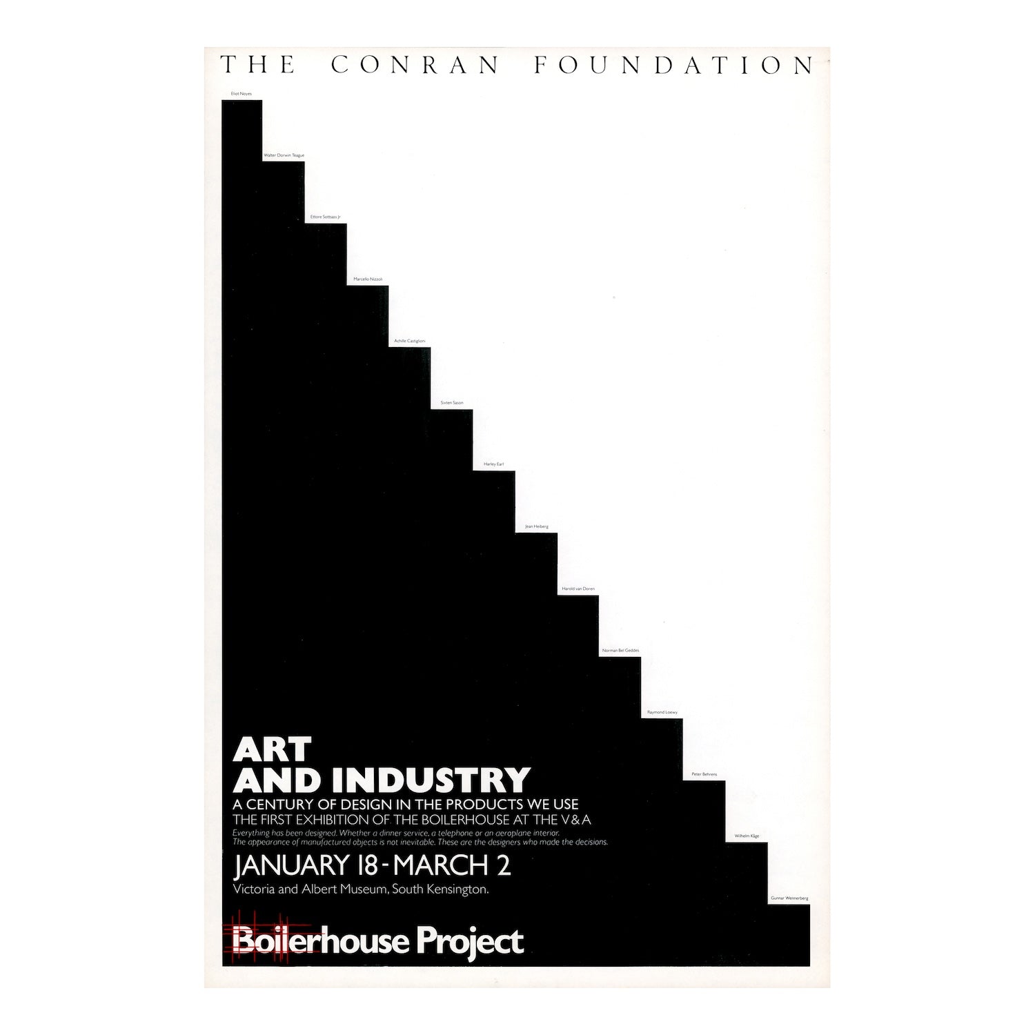 Poster for 'Art and Industry' exhibition by The Conran Foundation with a black staircase design on a white background.