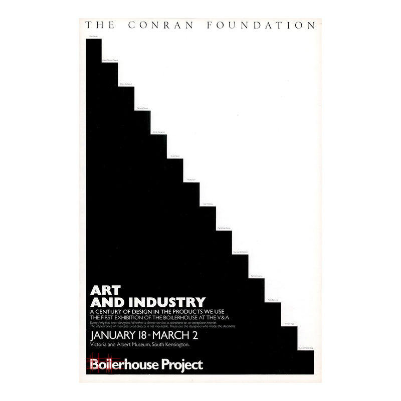 Poster for 'Art and Industry' exhibition by The Conran Foundation with a black staircase design on a white background.