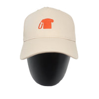 Beige cap with orange logo on a mannequin head against a white background