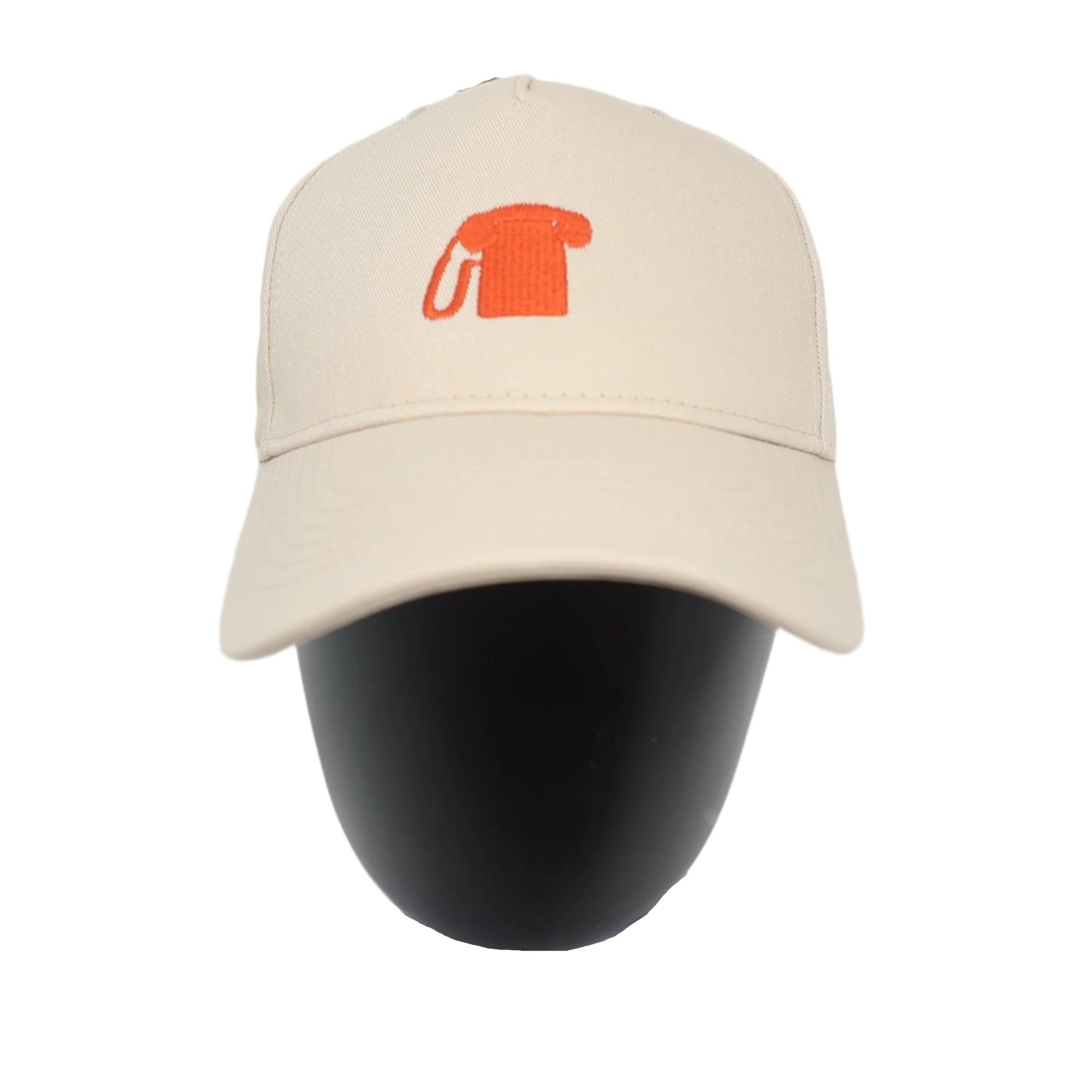 Beige cap with orange logo on a mannequin head against a white background