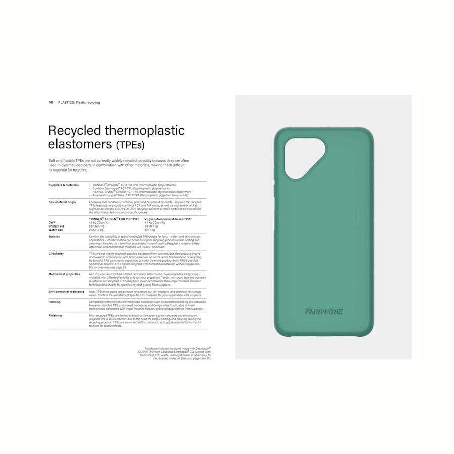 Inside page of Better Things book featuring an image of a green recycled thermoplastic phone case. 