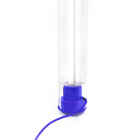 Closeup of blue BIC pen lamp end with a blue cable on a white background. 