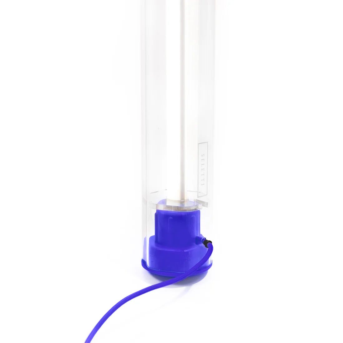 Closeup of blue BIC pen lamp end with a blue cable on a white background. 