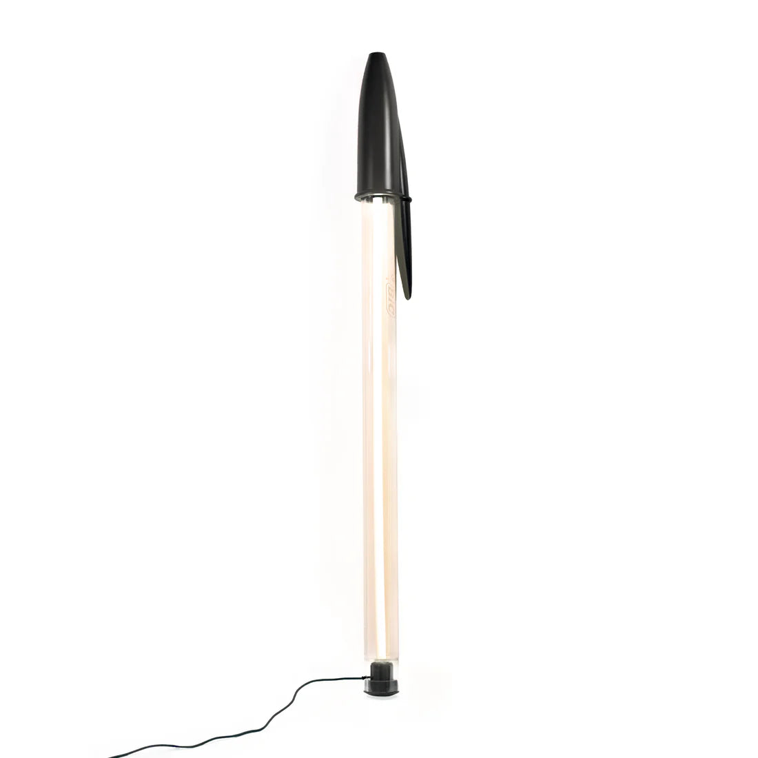Black BIC pen floor lamp on a white background