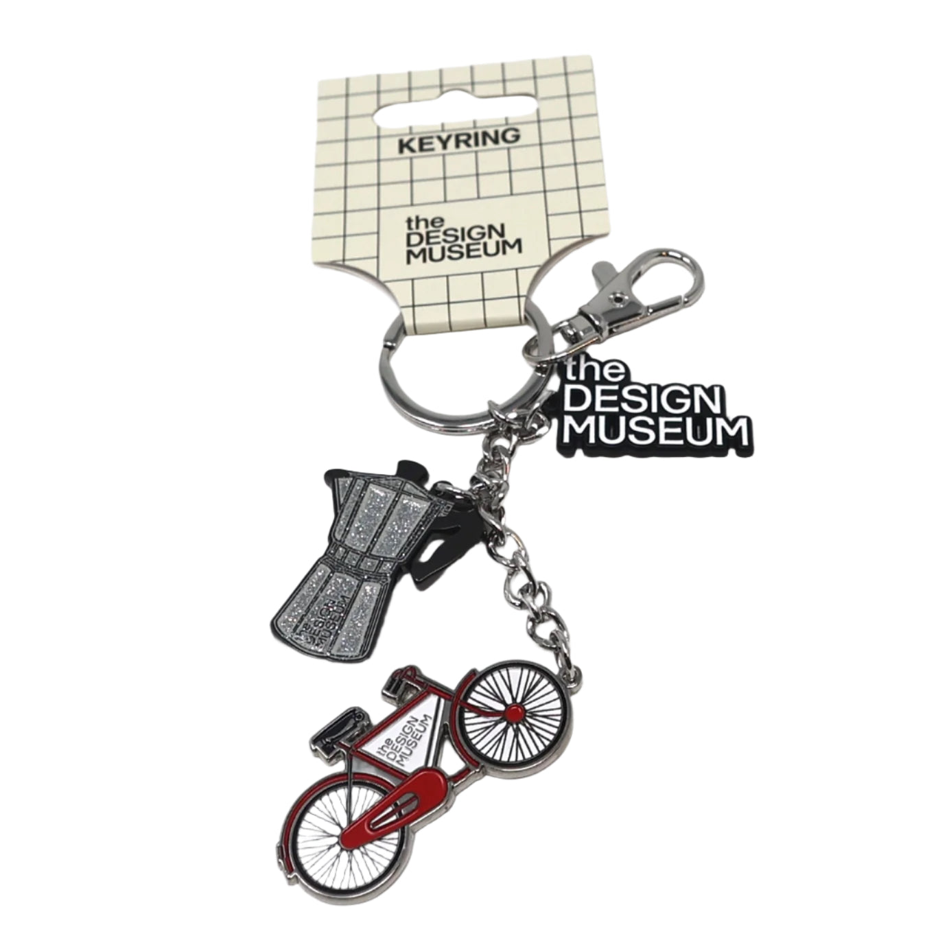 Keychain with bicycle design and 'The Design Museum' branding on a white background