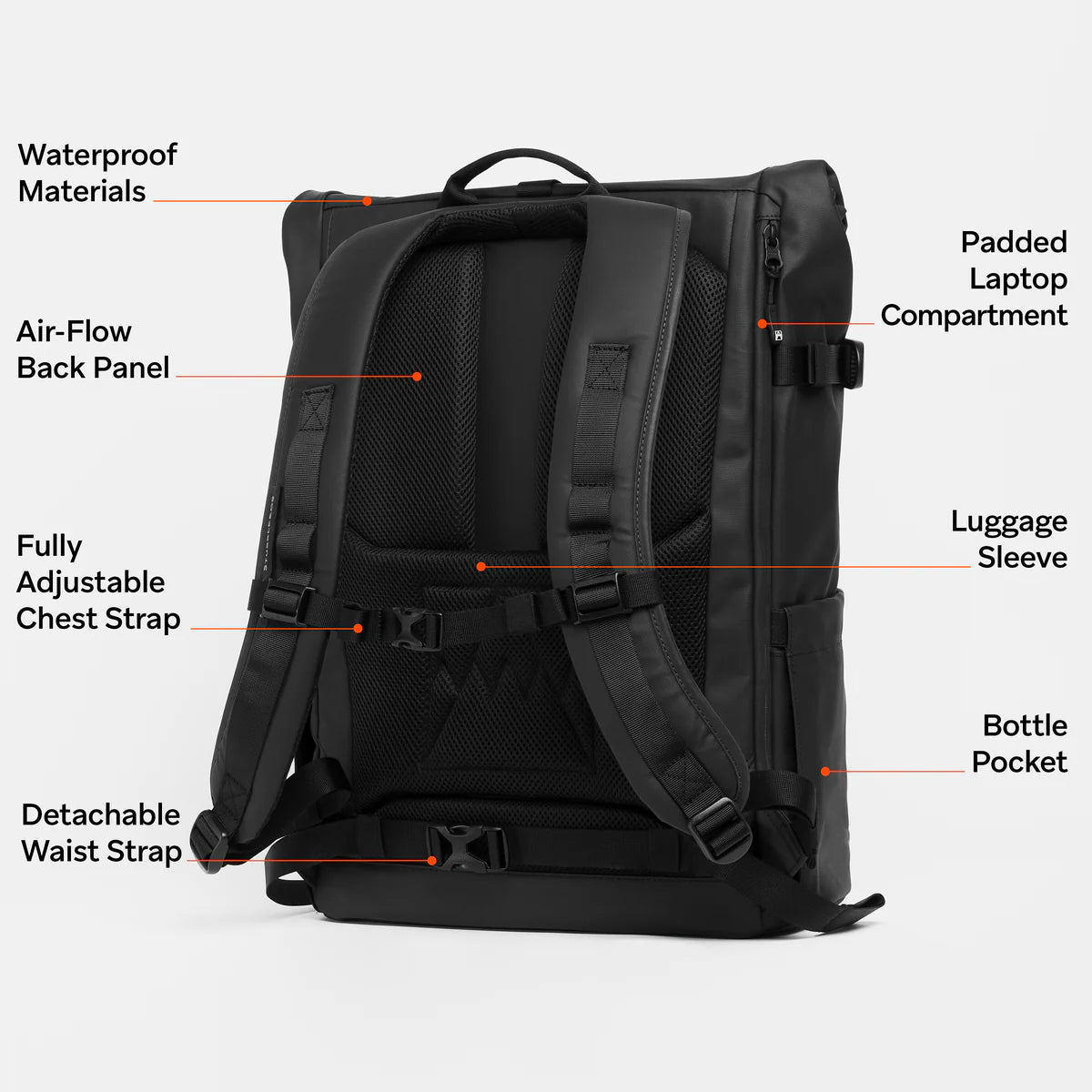 Black backpack shown from the back with labelled features on a white background.