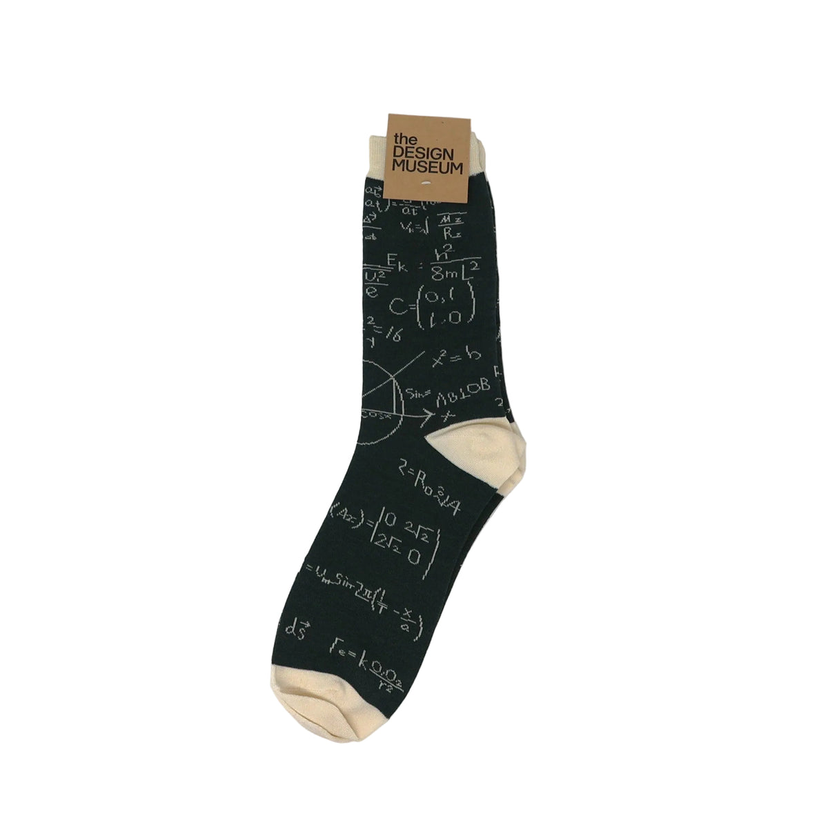 Dark green socks with mathematical equations on a white background, featuring 'The Design Museum' label.