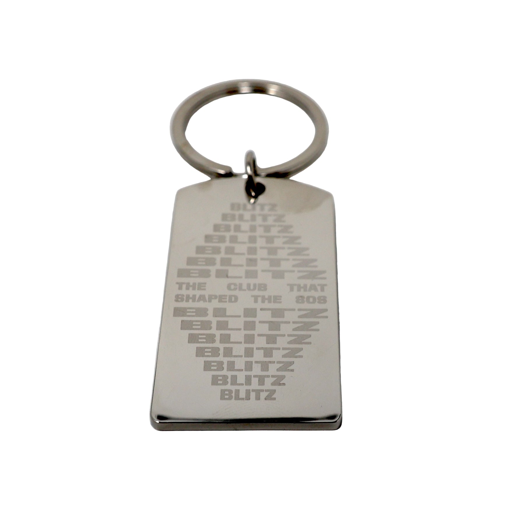 Metal keychain with engraved text on a white background
