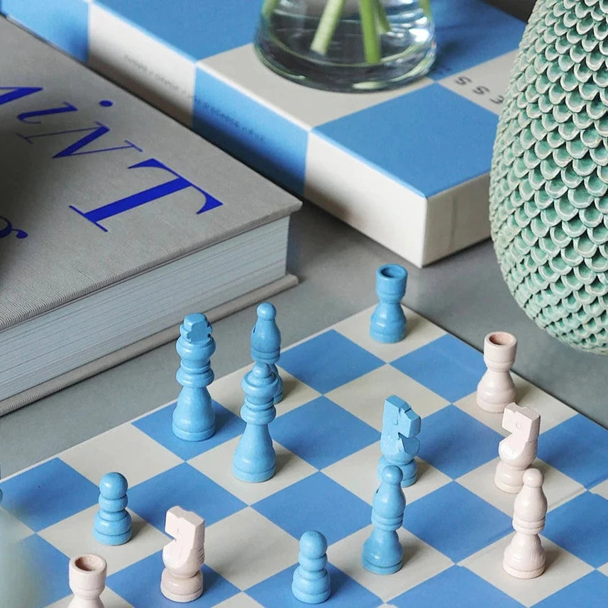 blue and white square chess set
