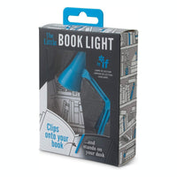 The packaging for a blue desk lamp shaped booklight with grey illustrations of books.